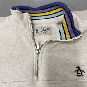 Original Penguin Men's Off-White Zip-Up Sweater with Striped Collar